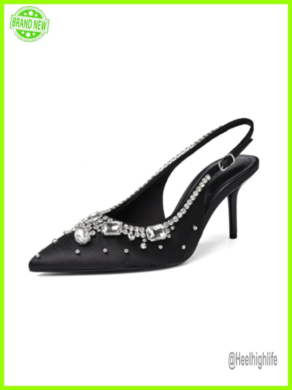 Rhinestone Satin Slingback Kitten Heels Pointed Toe Wedding Formal